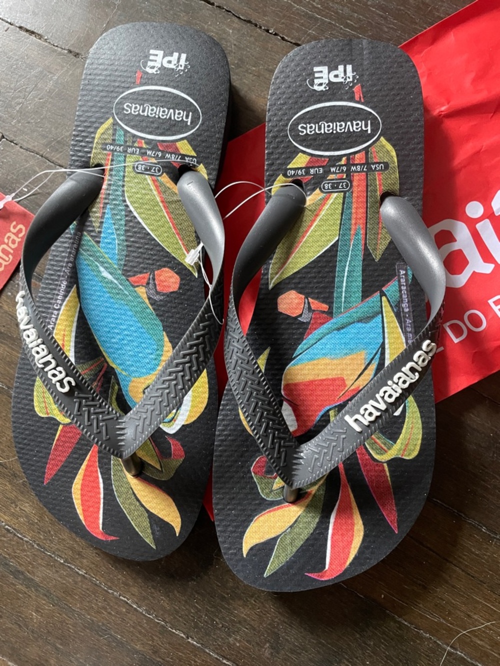 Havaianas Black Flip Flops with Colorful Tropical Print